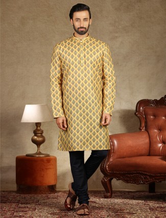 Yellow cotton printed kurta suit festive wear