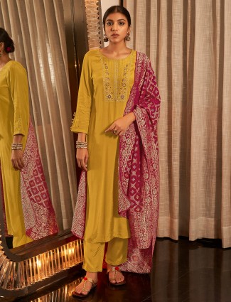 Yellow cotton silk punjabi style pant suit for festives