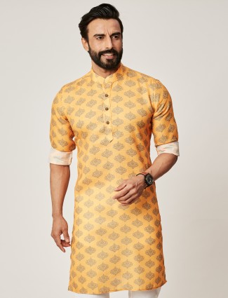 Yellow fesitve wear printed kurta for men