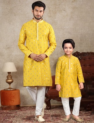 Yellow festive occasions cotton kurta suit for father and son
