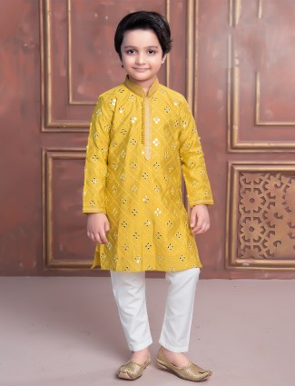 Yellow festive occasions silk kurta suit for boys