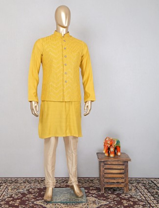 Yellow party wear waistcoat set in silk