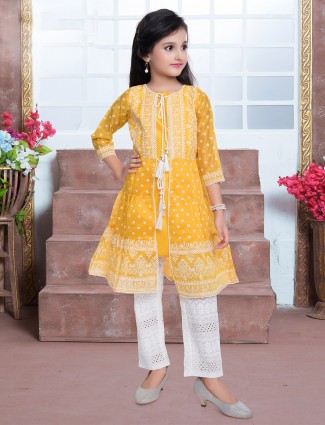 Yellow print inflated pant suit for little girls