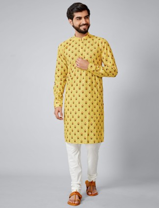 Yellow printed cotton silk kurta suit for men