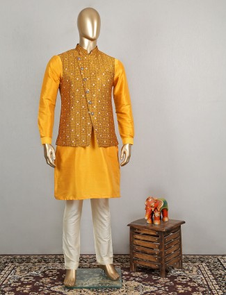 Yellow printed raw silk set for wedding function