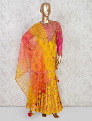 Yellow printed sharara suit in cotton
