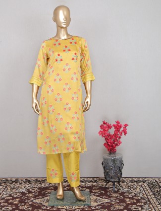 Yellow printed silk pant style salwar suit