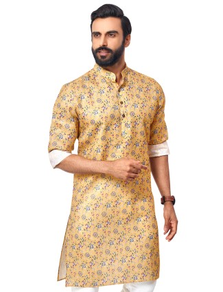 Yellow printed style cotton kurta for mens