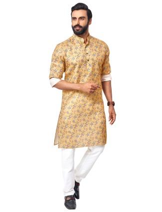 Yellow printed style cotton kurta suit for mens