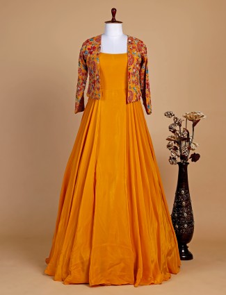 Yellow satin plain floor length suit with jacket