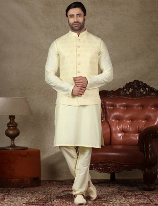 Yellow silk mens special for haldi waistcoat set