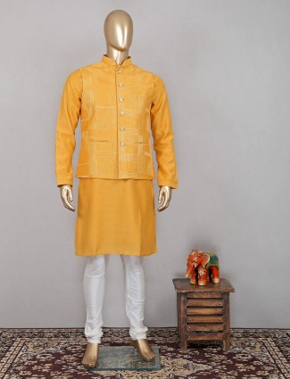 Yellow silk waistcoat set for party wear
