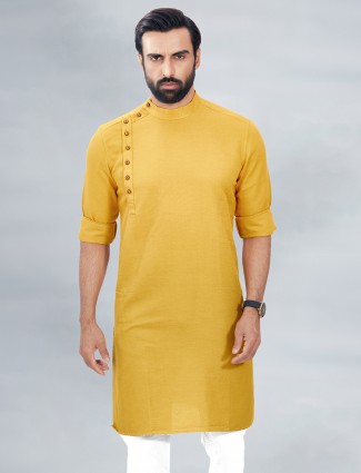 Yellow solid style cotton kurta for mens