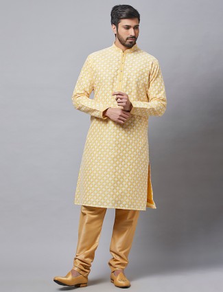 Yellow thread work cotton silk kurta suit for mens