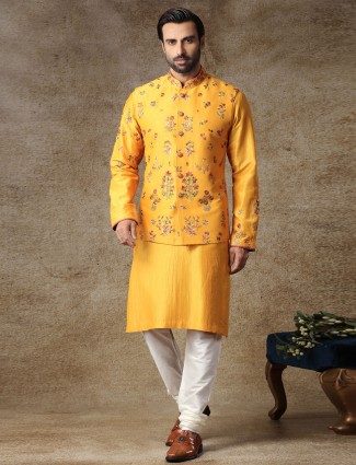 Yellow thread woven silk waistcoat set
