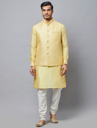 Yellow wedding wear raw silk waistcoat set for mens