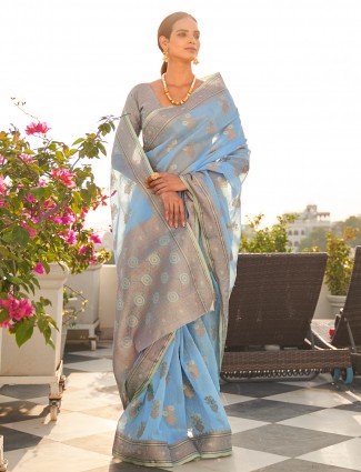 Zari weaving linen saree for festive events in lavender blue
