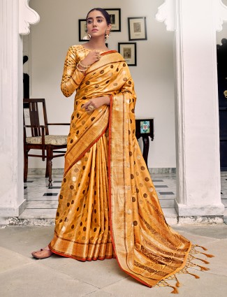 Zari weaving linen saree for wedding events in mustard yellow