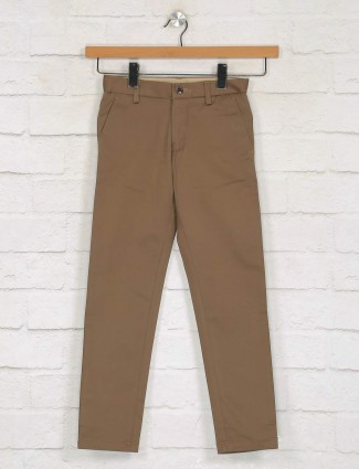 Zillian brown solid cotton casual trouser